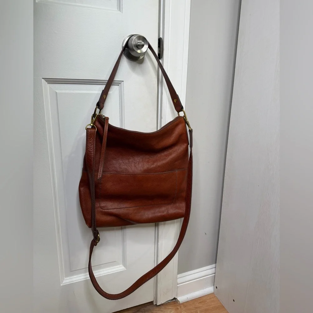 Fossil Amelia Brown Leather Shoulder Boho Crossbody Bag - Picture 1 of 12